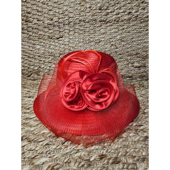 Red Straw Wide Down Brim Hat Flowers Net Feathers Satin Dome Adjustable Derby main image 8